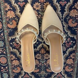 Lulu's Cream Pearl-Accent Mules